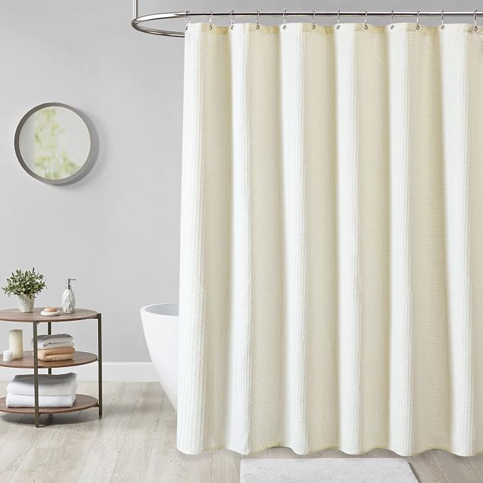 Dynamene Extra Wide Shower Curtain-108 Inch Wide Waffle Weave Weighted Thick Cloth Bathroom Shower Curtain, Neutral Heavy Duty Hotel Bath Curtain Set with 18 Plastic Hooks,108x72, Cream/Ivory