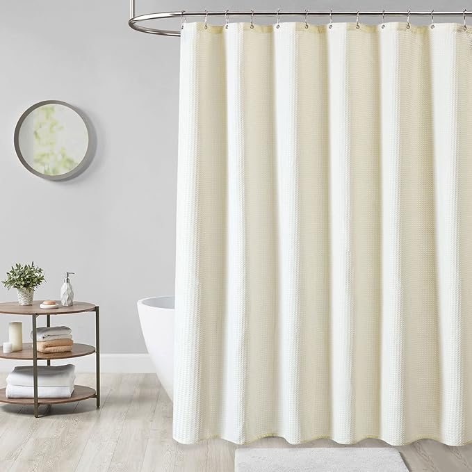 Dynamene Stall Fabric Shower Curtain - 54 inch Wide Waffle Weave Weighted Thick Cloth Shower Curtains for Bathroom, Heavy Duty Hotel Spa Luxury Bath Curtain Set with 10 Hooks, 54x72, Cream/Ivory