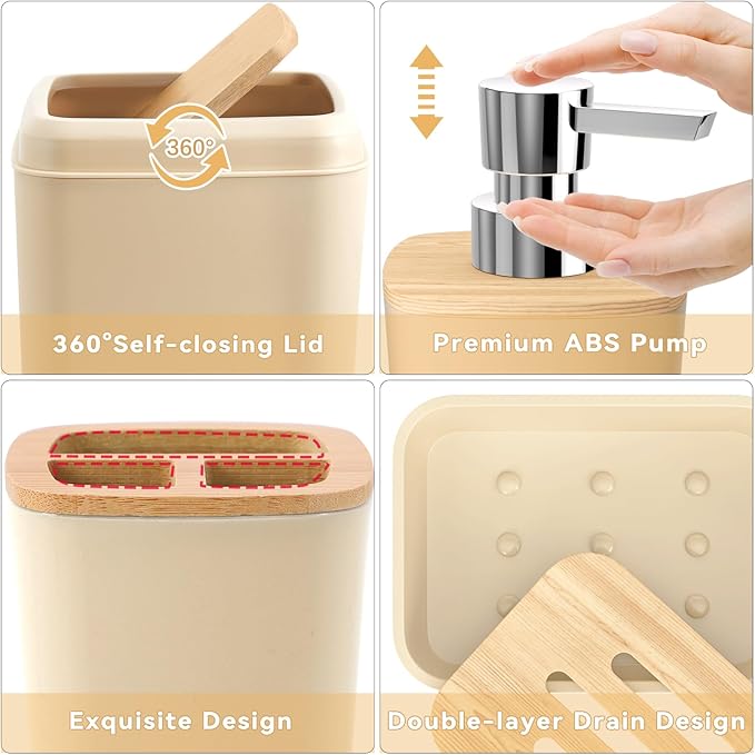 Beige Bathroom Accessories Set with Sequin Shower Curtain Beige Bathroom Decor with Trash Can,Toothbrush Holder, Toothbrush Cup,Soap Dispenser, Tray, Soap Dish,Toilet Brush