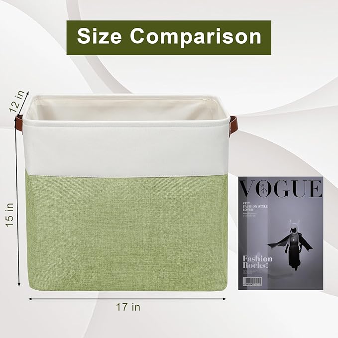 Bagnizer Large Fabric Storage Baskets | 50L Storage Bins, Decorative Linen Closet Baskets with Handles for Organizing, Shelf, Toys, Clothes, Home, Office, Nursery, 17x12x15Inches (Green&White)