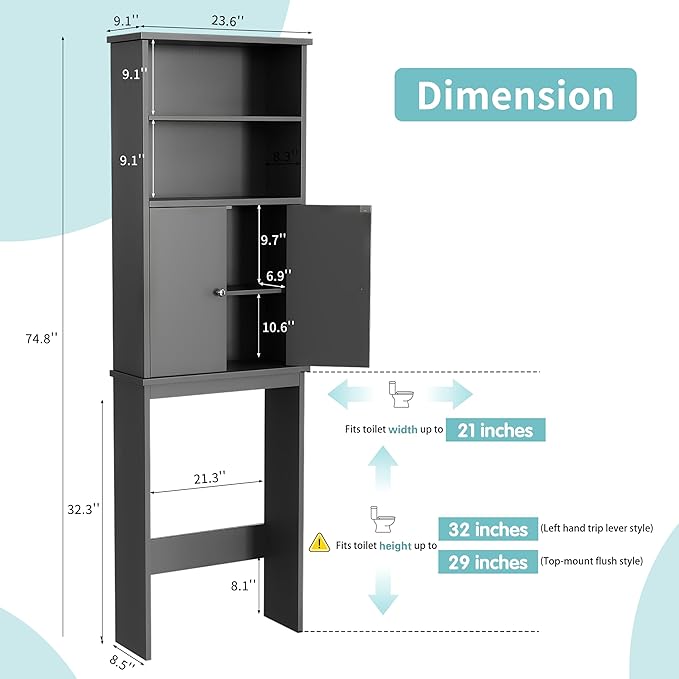 Shintenchi Over The Toilet Storage Cabinet, Bathroom Above The Toilet Rack, Bathroom Adjustable Shelf Organizer with Open Bottom Bar and Anti-Tip Device, Gray