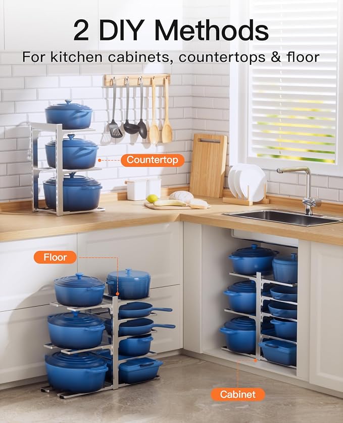 ORDORA Pots and Pans Organizer Rack for Cabinet, 15.83" Height 8-Tier Heavy Duty 120LBS Pot Pan Organizer under Cabinet Adjustable for Cast-iron Pan, Heavy Skillets Griddles, Shallow Pot, Silver
