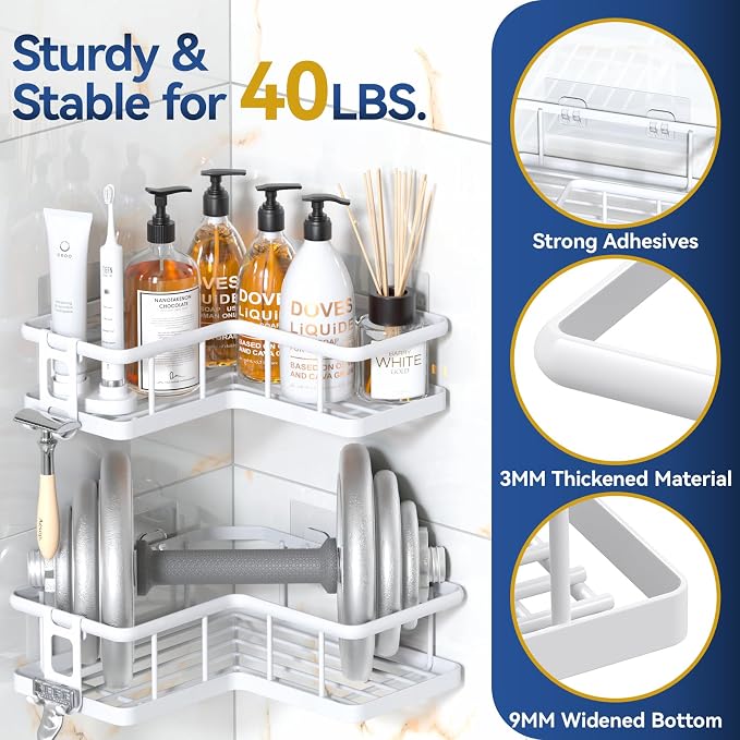 YASONIC Corner Shower Caddy Adhesive, 100% Rustproof Shower Organizer, No Drill Shower Shelf for Inside Shower, Wall-Mounted Shower Storage for Homes (2 Pack, White)