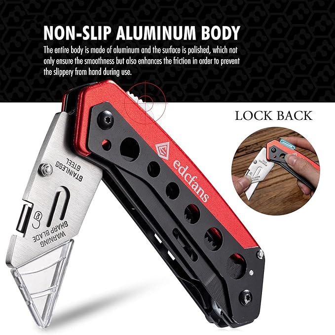 edcfans Folding Utility Knife Box Cutter with 5 Razor Blades, Pocket Utility Knives, Screwdriver, Saw, Lock Design, Clip and Holder for Belt, EDC Heavy Duty Work Knifes, Fathers Day Dad Gifts for Papa