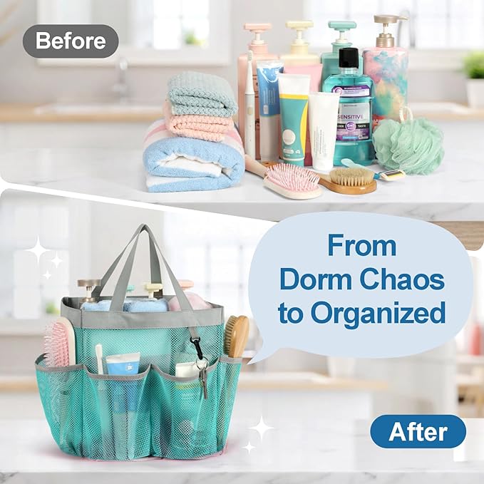 F-color Mesh Shower Caddy Portable - 2 Handles Upgrade Deeper 7 Pockets Basket Bag Tote for College Dorm Room Toiletry Bathroom Essentials Gym Camp Quick Dry with S Hook, 2 Pack Mint Green