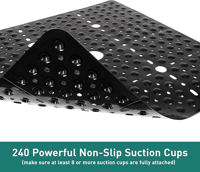Large Square Shower Mat 27 x 27 Inch Black, Non Slip Shower Bathtub Mats for Inside Shower With Big Suction Cups Drain Holes, Anti Slip Bathroom Floor Shower Stall Mats, Easy Clean, BPA-Free
