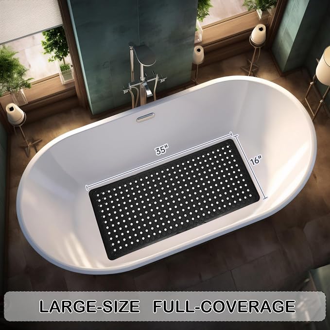 Non-Slip Bathtub and Shower Mats, Power Grip Bath Mat 35 x 16.3 Inch with Suction Cups and Drain Holes for Tub Bathroom Floor Safety, Machine Washable Soft Bathmat, Black