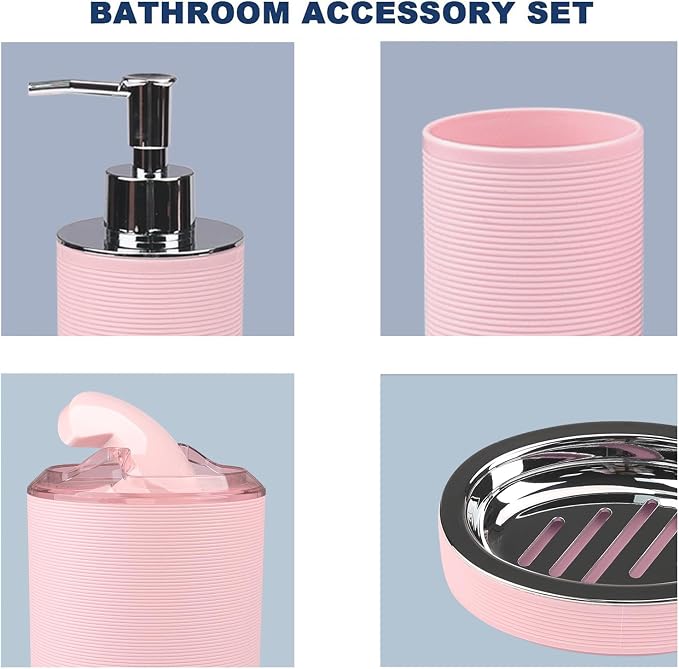 CERBIOR Bathroom Accessories Set Bath Ensemble Includes Soap Dispenser, Toothbrush Holder, Toothbrush Cup, Soap Dish for Decorative Countertop and Housewarming Gift (Pink Spiricle)