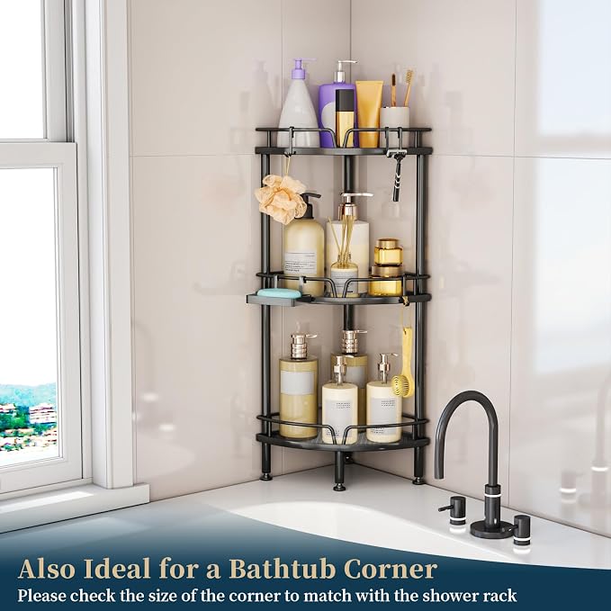 Consumest Corner Shower Caddy Stand - 3 Tier Shower Organizer with Soap Holder, Tall Floor Corner Shelves Standing with Adjustable Feet & 4 Hooks, Storage Rack for Bathroom Black
