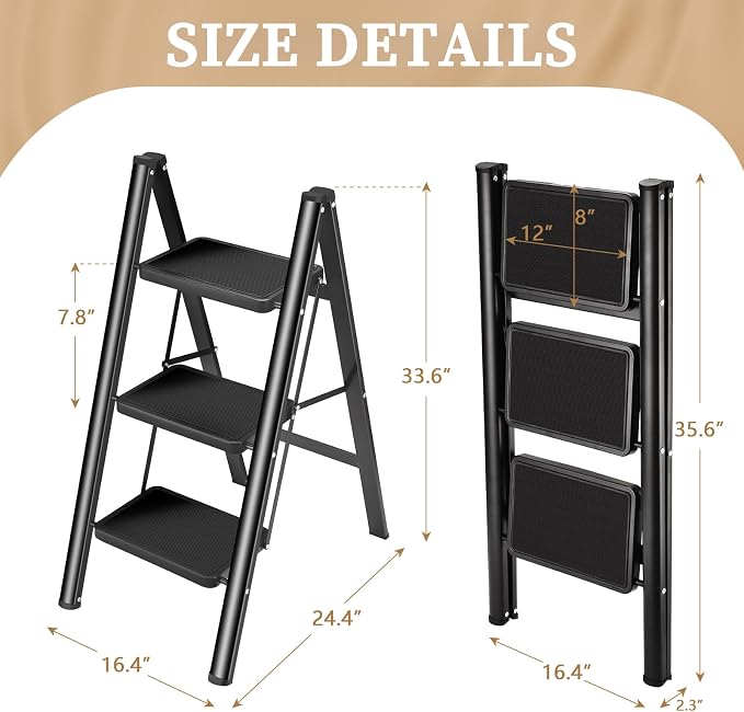 HBTower Step Ladder, Folding Step Stool, Portable Sturdy Steel Ladder Stool for Adults with Anti-Slip Wide Pedals Home Outdoor Kitchen, Black