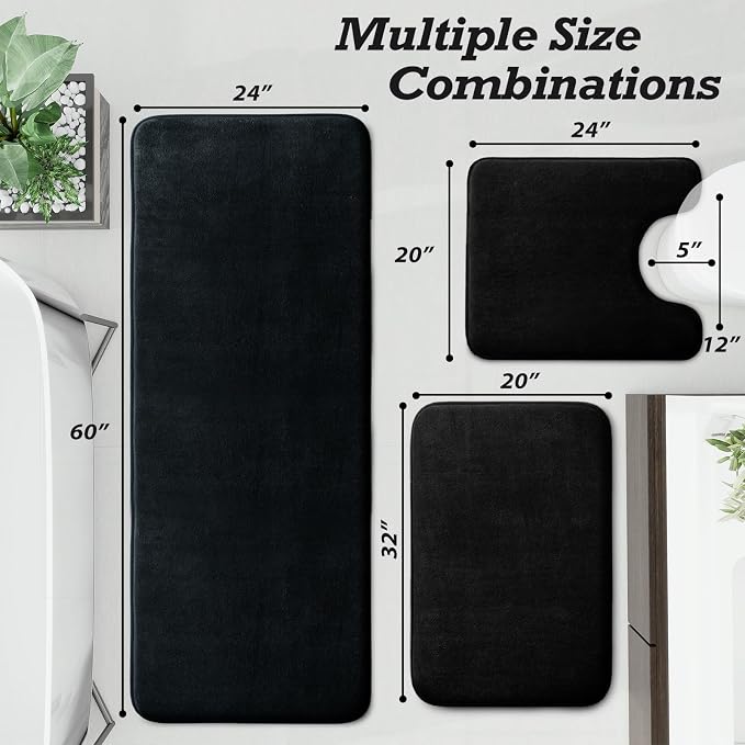 HUXMEYSON Bathroom Rugs Sets 3 Piece, Non-Slip & Quick Dry Bath Mat Set, Ultra Soft Velvet Bath Rugs for Bathroom, Toilet and Shower Floor, Black