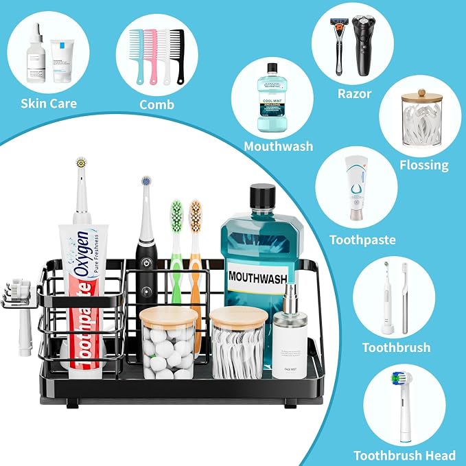 Toothbrush Holders Instant-Drying Organizer - Bathroom Countertop/Wall Mounted Electric Toothbrush Holder - Toothbrush Head Toothpaste Holder Bathroom Counter Organizers Storage Black