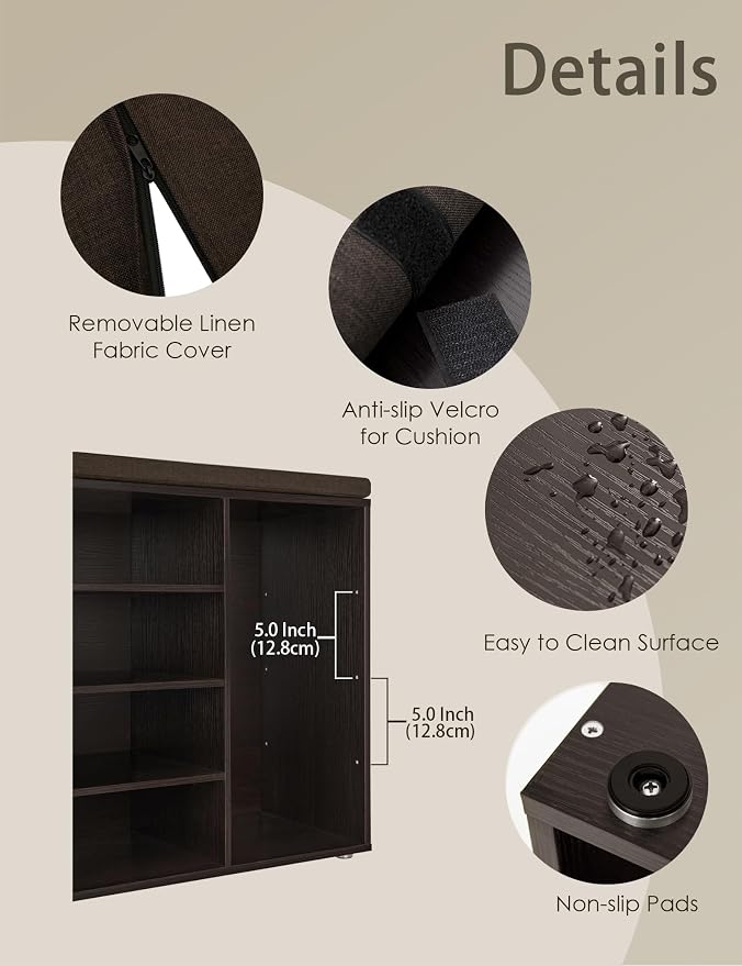 DINZI LVJ Shoe Storage Bench, 20-Cubby Shoe Rack Bench with Cushion, Fully Adjustable Shelves, Shoe Organizer for Closet, Entryway, Mudroom, Hallway and Garage, Espresso