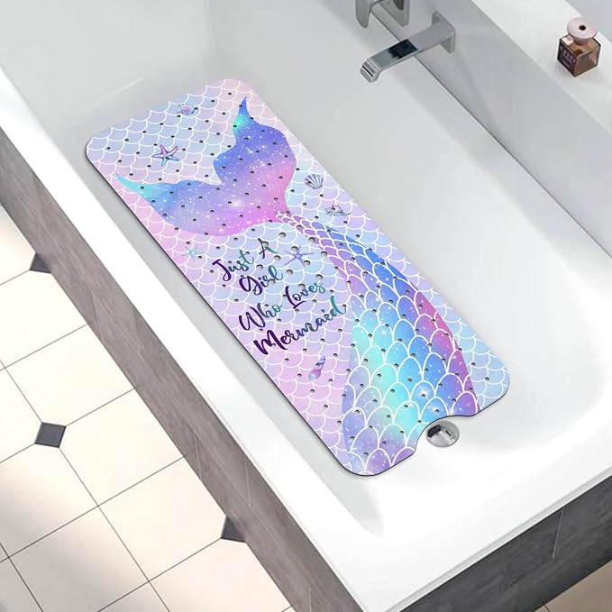 Bathtub Mat Non Slip, Mermaid Extra Long Bath tub Mat Shower Floor Mat with Suction Cups and Drain Holes for Adults Kids Elderly 40 X 16 Inch