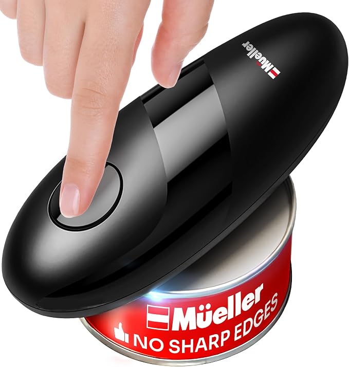 MUELLER HOME SmoothEdge Auto Electric Can Opener – Battery‑Operated One‑Touch w Magnet Lid Lifter – Portable Hands‑Free Automatic Can Openers for Seniors & Arthritis, Smooth‑Edge Cut Technology, Black