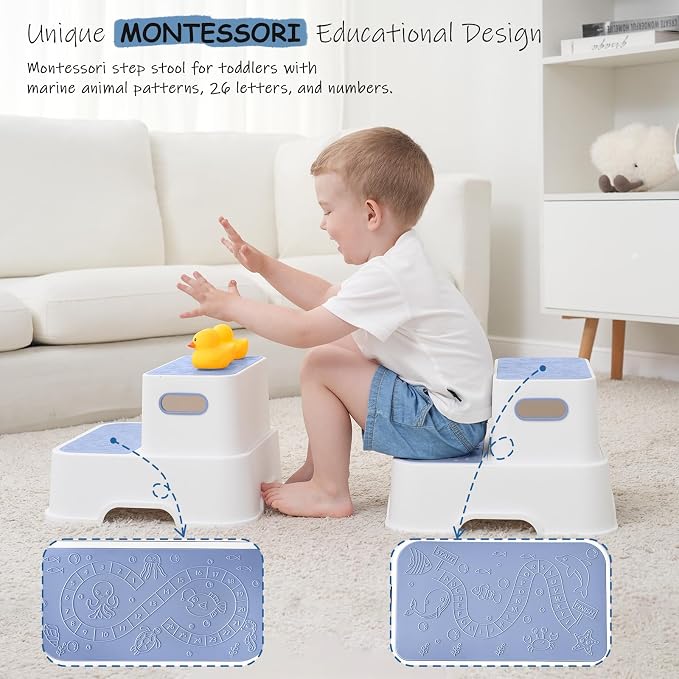 Harwaya Blue Toddler Step Stool for Bathroom Sink 2 Pack, Kids Step Stools for Boys Toilet Potty Training, Plastic Stepping Stool for Toddlers Child Kid Kitchen Bedroom (Included Two Faucet Extender)