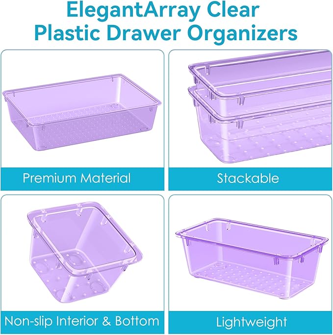 ElegantArray 12-Piece Drawer Organizer Set, 4 Sizes Versatile Plastic Vanity Organizer for Makeup, Stationery, Gadgets, in Kitchen, Bathroom, Office, and Bedroom, Purple