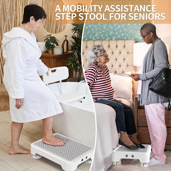Ronlap One Step Stools for Adults, Portable Safety Step Platform for Seniors Small Plastic Bedside Step Stool Mobility Wide Step Stools Elderly Assistance for Shower Bed Car Stair Outdoor, White-Gray