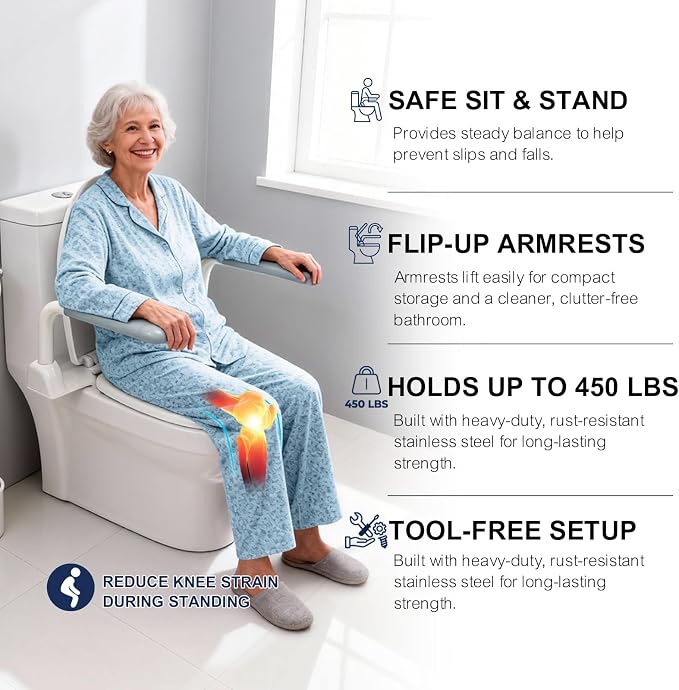 Toilet Safety Rails for Seniors with Flip-Up Armrests, Heavy Duty Toilet Support Rails with Rise-up Handle for Elderly, Disabled, Handicapped, or Mobility Assistance, Fits Most Toilets (Standard)