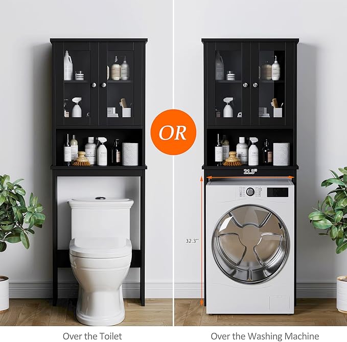 Over The Toilet Storage Cabinet for Bathroom, Black Storage Organizer Over Toilet, Space Saver with 2 Tempered Glass Doors, Black