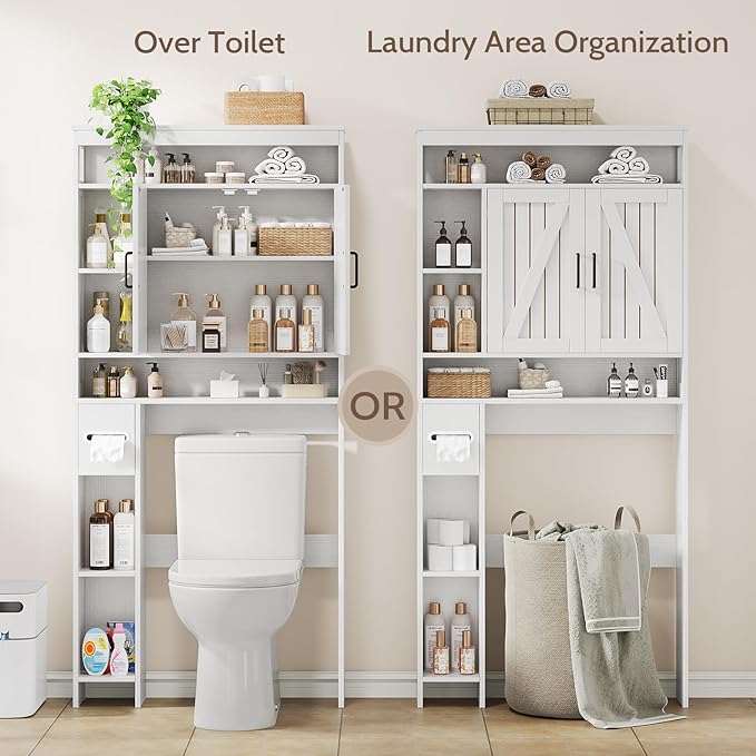 Over The Toilet Storage Cabinet with 2 Barn Doors & Built-in Toilet Paper Holder, Farmhouse Space-Saving Organizer for Bathrooms and Laundry Room, White