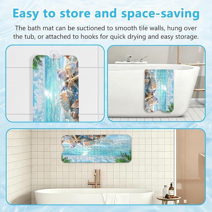 Girls Bath Mat for Tub Non Slip, Nature Aesthetic Bathtub Mats for Girls, Machine Washable, Sandy Beach Tub Mats with Suction Cups and Drain Holes for Kids, Non Slip Shower Mat Nature Bathroom Decor