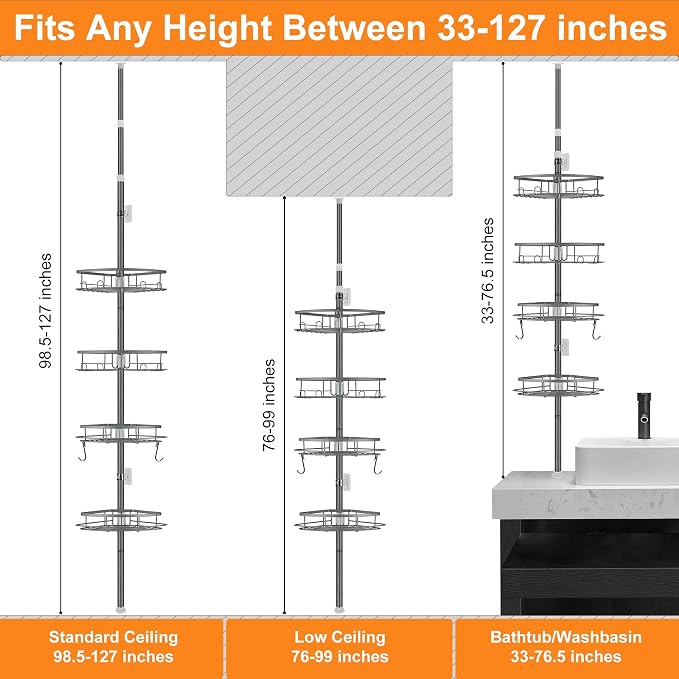 DUFU Corner Shower Caddy Tension Pole, Tension Rod Organizer, 4-Tier Adjustable Floor to Ceiling Shower Caddy 33-127inch, No Drilling Shower Shelf for Inside Shower (Gray)
