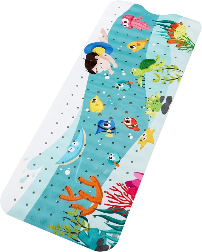 Baby Bath Mat for Tub Non Slip Kids Bathtub Mat Extra Long 40X16 Inch Toddler Bath Tub Shower Mat Anti Slip with Suction Cups & Drain Holes, Machine Washable,Seaworld