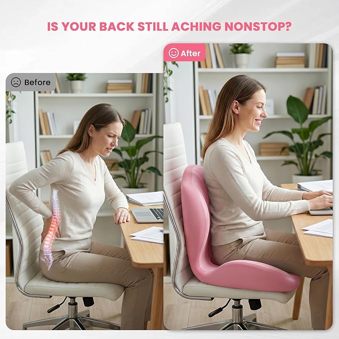 Lumbar Support Pillow for Office Chair for Women, Pink Seat Cushion for Back Support, L-Shaped Memory Foam Chair Pad for Sciatica Relief, 3.95in Thick Seat Riser with Breathable Washable Cover