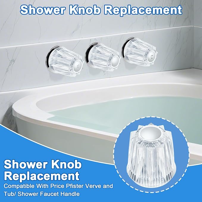 Shower Knobs 3 Piece Replacement and Flange Base, Clear Acrylic Plastic Hot/Cold/Diverter Shower Knob Compatible with Price Pfister Contessa and Windsor Bathtub Shower Faucet Handle