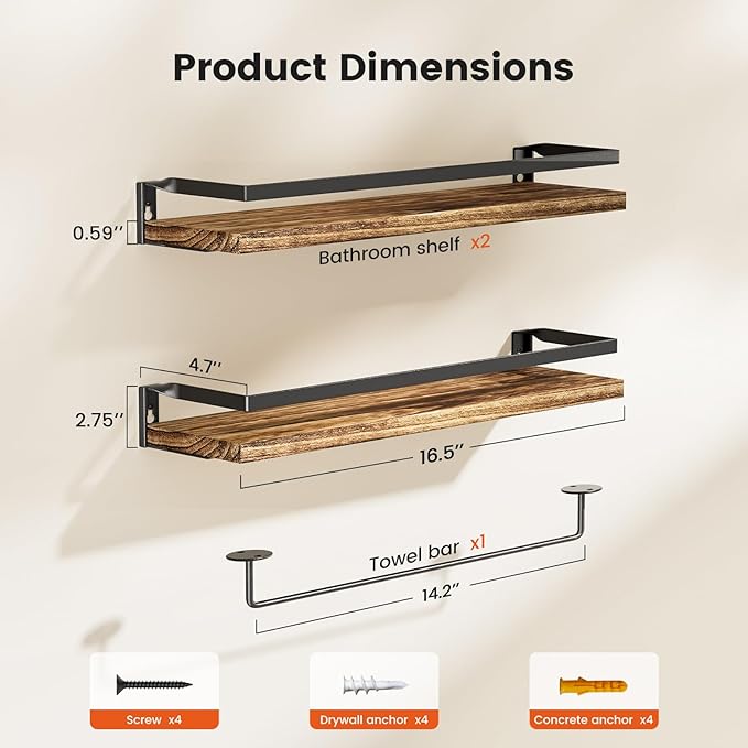 AMADA HOMEFURNISHING Bathroom Shelves with Towel Bar, Floating Shelves, Wall Shelves for Bathroom/Living Room/Kitchen/Bedroom, Rustic Brown, Set of 2 - AMFS01BN