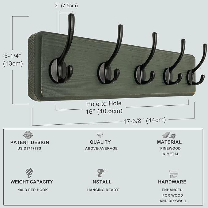 Dseap Coat Rack Wall: Patented, Heavy-Duty, 5-Double-Hooks Wooden Wall Mounted Coat Rack Coat Hanger Hook Rail for Winter Coats Hat Jacket Clothing, Weathered Green