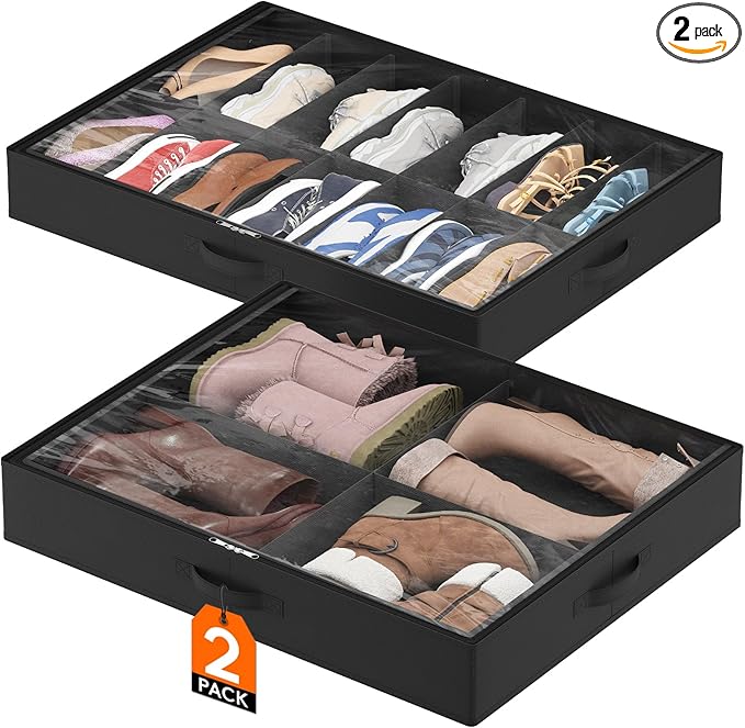 Lifewit Under Bed Shoe Storage Organizer 1 Pack(14 Shoes Cells+4 Boots Cells), 4.3 Inches Profile Fabric Shoes Container Box with Clear Cover, Foldable Storage Bag with 2 Handles, Fits 11 to 18 Pairs