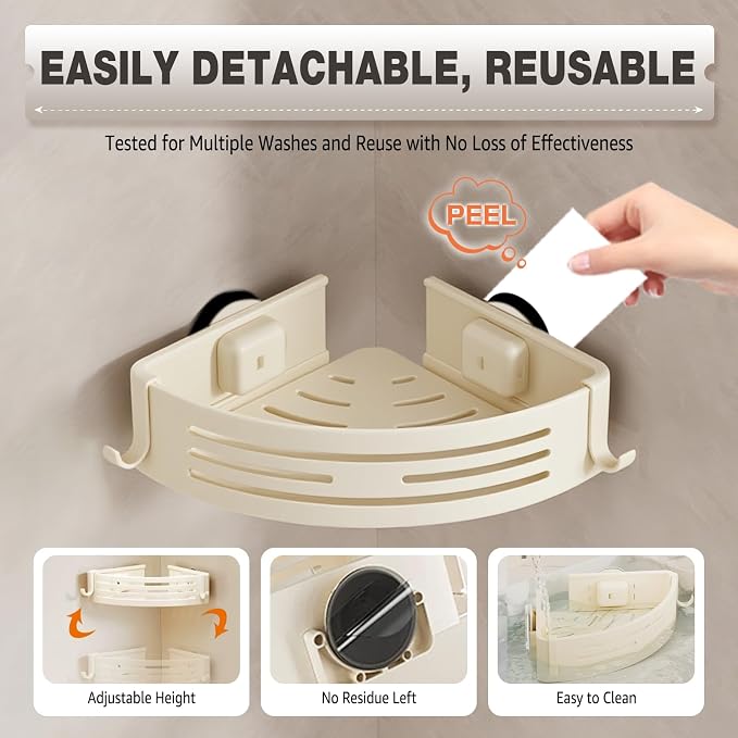 Conworld Corner Shower Caddy Suction Cups, Corner Shower Shelf, Shower Organizer Suction for Bathrooms Storage with Hooks, No-Drilling Removable (Aluminum, 2-Pack, Cream)