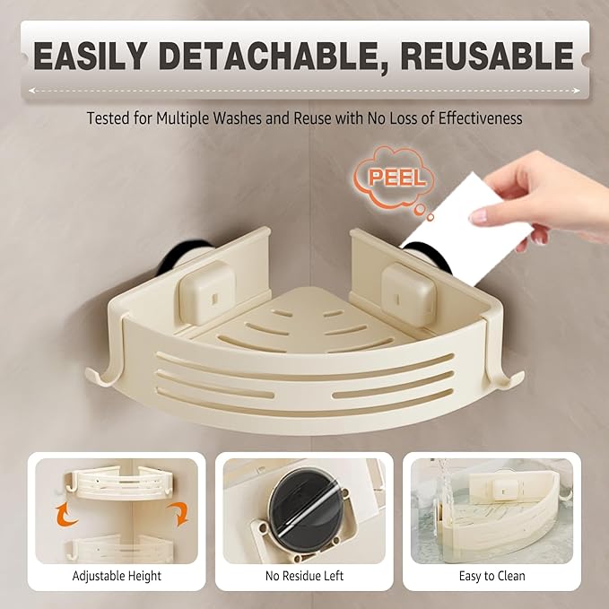 Conworld Corner Shower Caddy Suction Cups, Corner Shower Shelf With a Towel Bar, Shower Organizer Suction for Bathrooms Storage with Hooks, No-Drilling Removable (Aluminum, 2-Pack, Cream)