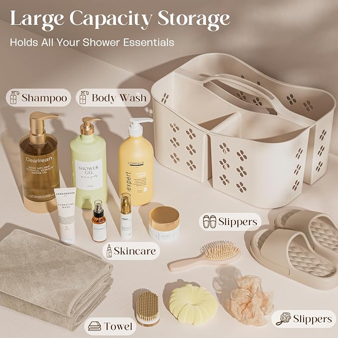 Portable Shower Caddy with Handle, Large Capacity Shower Basket Organizer, Quick-Drain Bathroom Storage Tote, Durable Plastic Shower Organizer for College Dorm, Beach, Gym, Travel Essentials, Beige