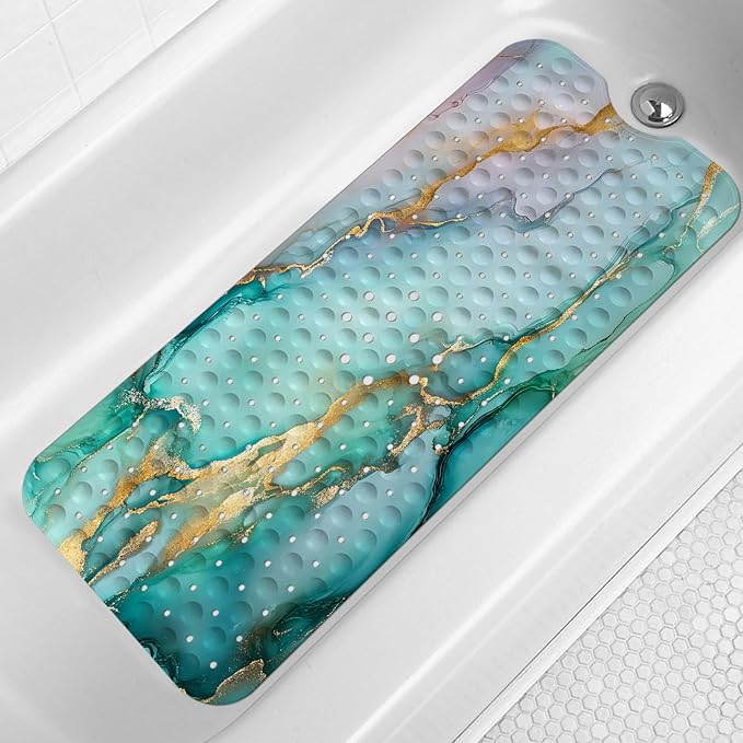 LNOND Marble Bath Tub Mat Non Slip, Extra Long 40 X 16 Inch Anti Slip Mat for Bathtub, Green Marble Shower Mat with Drain Holes and Suction Cups, Machine Washable