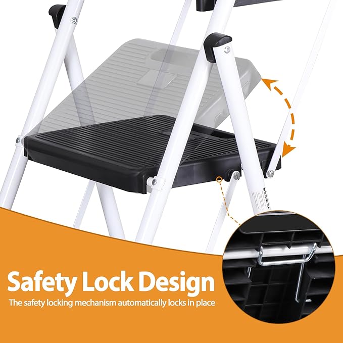 ZENY 4 Step Ladder, Folding Step Stool for Adults, Portable Steel Ladder with Tool Platform, Wide Anti-Slip Pedal, Safety Locking, Lightweight (White)