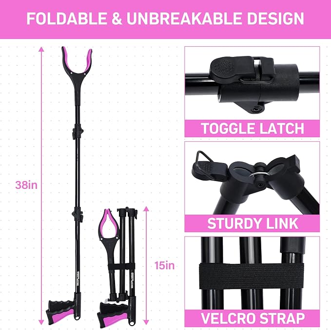 38" Extra Long Grabber Reacher Tool – 2 Pack Foldable Reacher Grabber Pickup Tools with 360° Rotating Jaw & Magnet - Heavy Duty Pick Up Grabbers for Seniors, Trash, Surgery Recovery (Pink Pink)