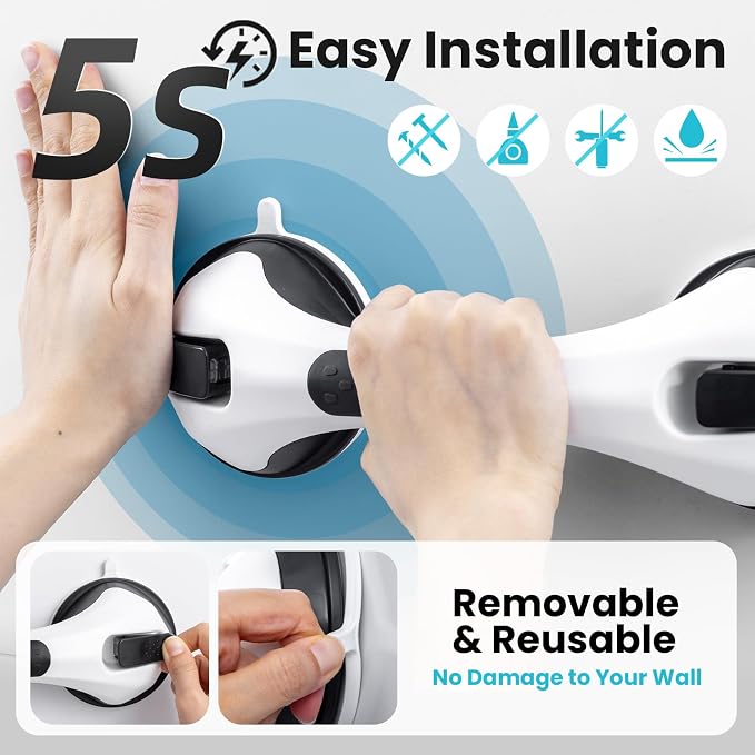TAILI Shower Handles for Elderly Suction, 2 Pack 12 Inch Shower Grab Bars for Seniors, Grab Bars for Bathtubs and Showers, No Drilling Removable Safety Shower Grip, Black, G9