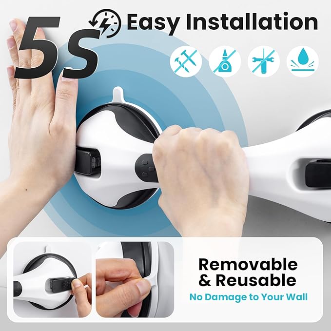 TAILI Suction Shower Grab Bar 2 Pack, Grab Bars for Bathtubs Showers for Seniors Elderly Handicap, Bathroom Safety Shower Handles Support Grip, Heavy Duty Suction Cup, No Drilling Removable, Black,G9