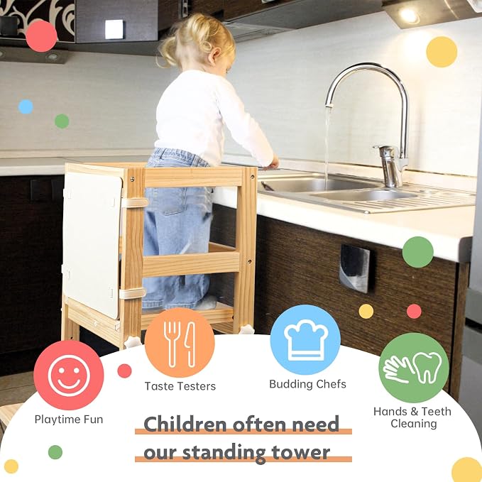Kitchen Step Stool for Toddlers with Non-Slip Mat, WOOD CITY Wooden Kids Montessori Learning Stool Tower, Toddler Standing Tower Helper for Kitchen Counter and Bathroom Sink (Burlywood-Adjustable)