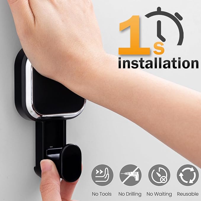 LEVERLOC 4 Pack Suction Cup Hooks for Inside Shower, Powerful Vacuum Suction Shower Holder for Towel, Loofah, Clothes, Damage Free Hanging Bathroom Wall Hooks, Easy to Install and Remove, Black