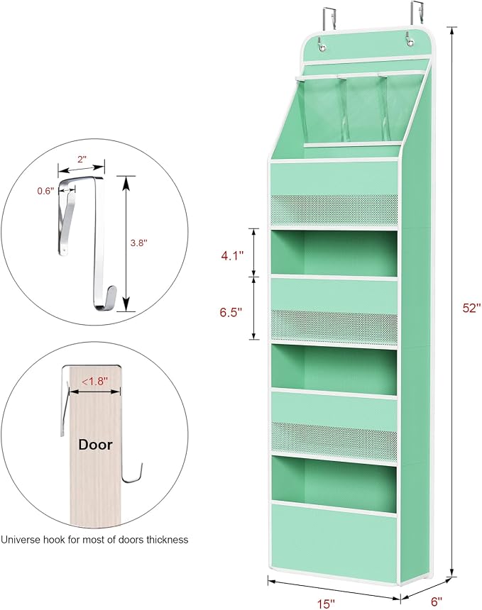 Univivi 5-Shelf Fabric Door Storage Over Door Hanging Organizer with 4 Large Pockets and 3 Small PVC Pockets Nursery Closet Cabinet Wall Mount Hanging Storage Organizers for Baby Nursery (Green)