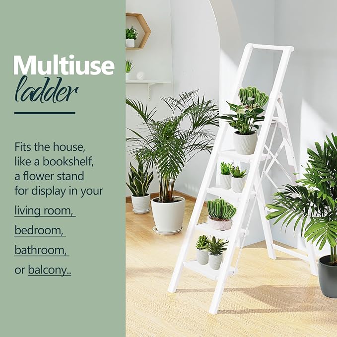 WOA WOA 5 Step Ladder for 10 Feet High Ceiling, Lightweight Foldable Ladder with Non-Slip Wide Pedals, Step Stool with Safe Handrail, Space Saving for Home, Kitchen, Indoor & Outdoor 300lbs - White