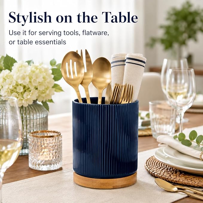 QUELIEN Utensil Holder, 360° Rotating Ceramic Kitchen Utensil Holder for Countertop, 7.7" Utensil Crock for Kitchen Counter with Rotatable Wooden Base,Ideal Housewarming Gift & Mothers Day Gift