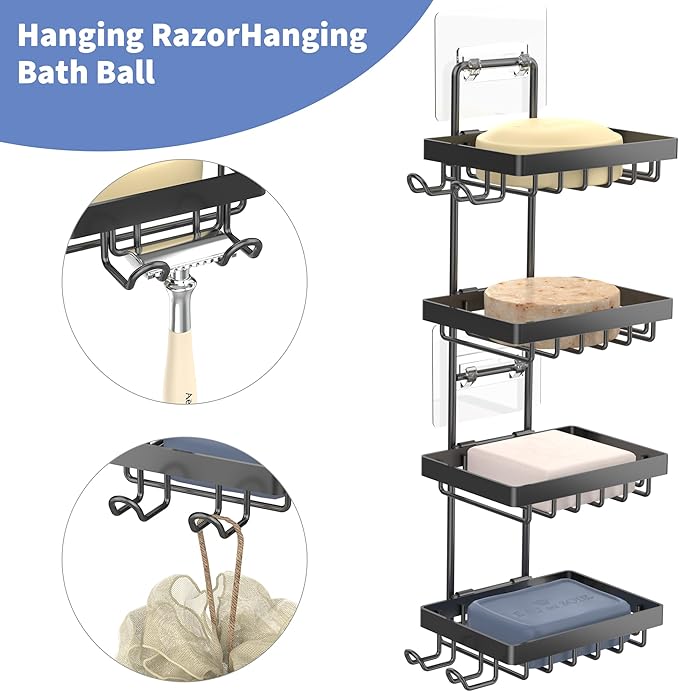 Moforoco 4 Tier Soap Bar Holder for Shower, No Drilling, 304 Stainless Steel, Wall Mounted Soap Holder with 4 Hooks and Razor Holder, Shower Rack Soap Tray Bar Soap for Bathroom Accessories Organizer