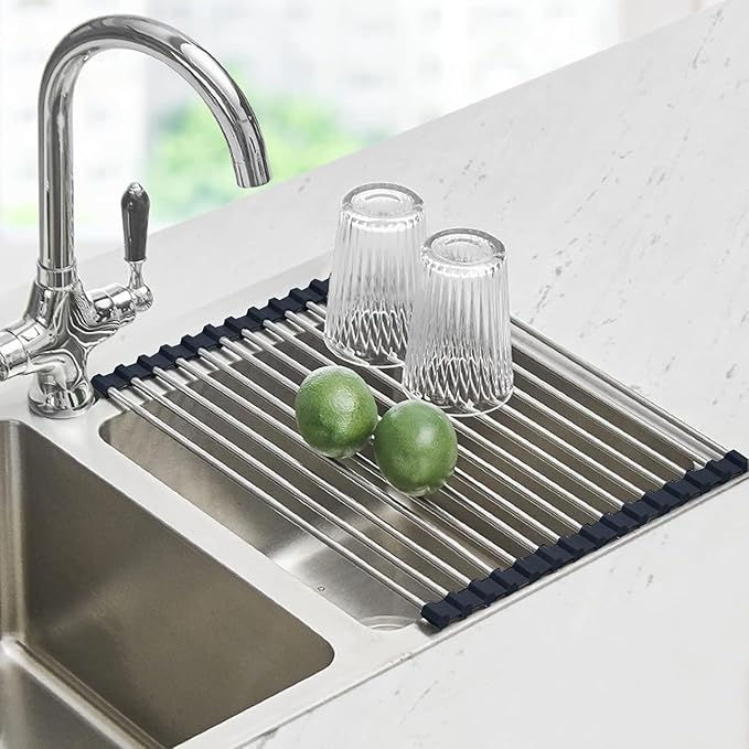 Seropy Roll Up Dish Drying Rack Over the Sink Drying Rack for Kitchen Counter, Rolling Dish Rack Over Sink Mat, Foldable Dish Drainer Stainless Steel Rack Kitchen Organization Gadgets 17.5"x11.8"