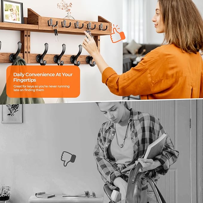 Evermagin 35" Coat Rack Wall Mount with Shelf, 4 in 1 Wall Mounted Coat and Key Hanger with 13 Hooks, Entryway Key Holder with Mail Holder for Living Room, Bedroom