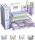 WALI Desk File Organizer, 4 Tier Desktop Paper Letter Tray Organizer with Drawer and 2 Pen Holders, Office Desk Accessories & Workspace Organizers for Office, Home Supplies(DO005DH-V), 1 Pack, Purple
